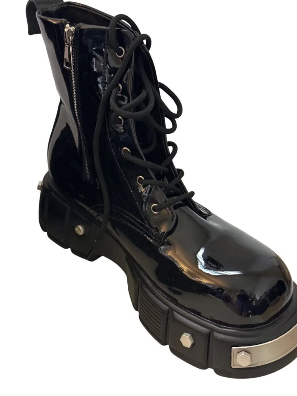 Black Platform Combat Boots Men 12 Goth Chunky Punk Metal Hardware Lace-Up Zip